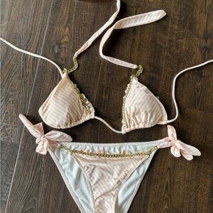 Victoria’s Secret Pink and White Striped Bikini with Gold Chain